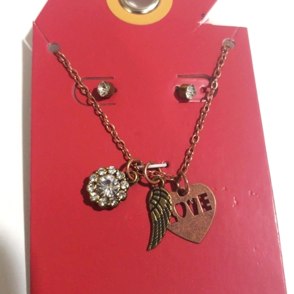 Bronze-tone Love Charm Necklace & Rhinestone Earrings – Romantic Jewelry Set - Picture 3 of 7